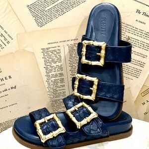 Anthropologie Schutz Enola Woven Slide Sandal 2 Buckle Dark Blue Leather